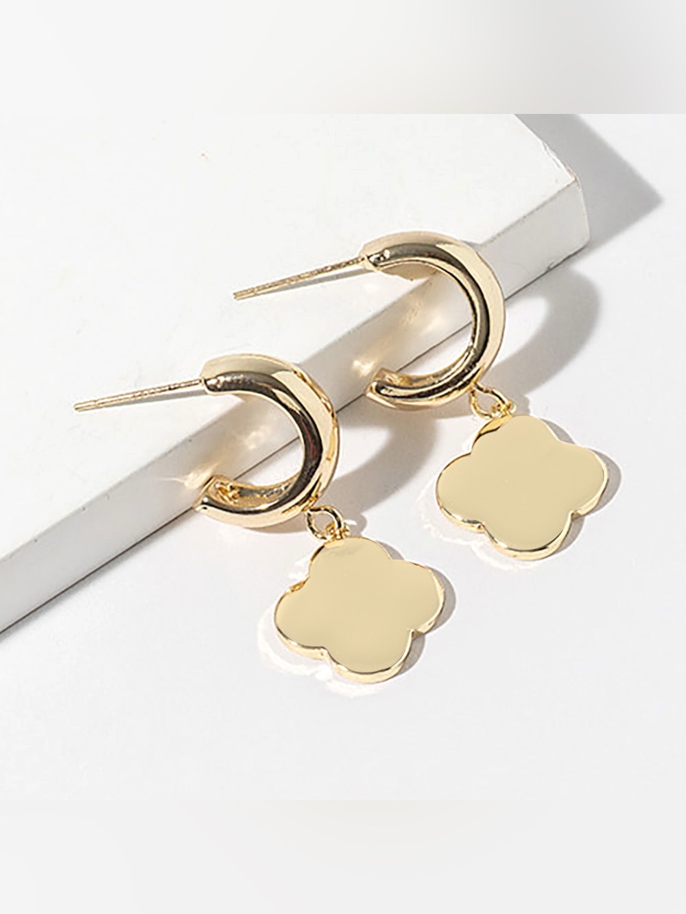 Gold Dipped Quatrefoil Charm Drop Dangle Mini Hoop Earrings